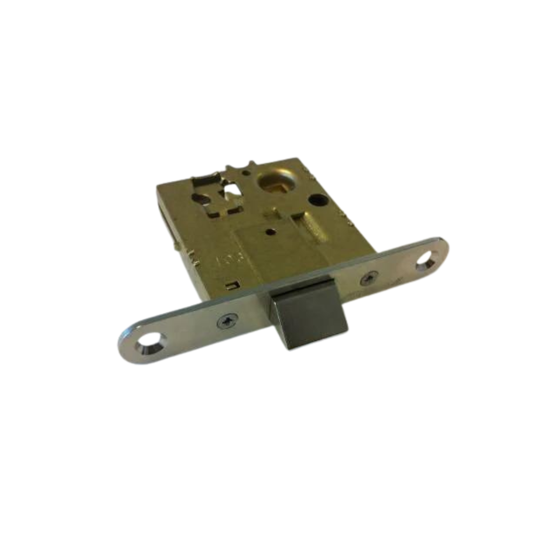 A mobella gold-colored locking mechanism for cabin doors, featuring a striker plate and a locking mechanism itself, with visible screws and a metal construct.